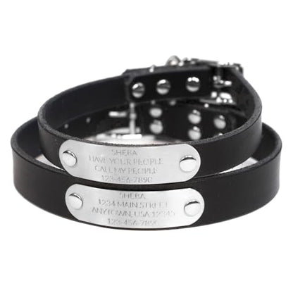 Handmade Personalized Bridle Leather Dog Collar, Engraved Stainless Steel Nameplate (Black) - color: Black