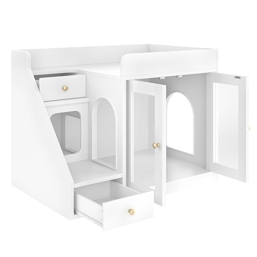 Merax Cat Litter Box Enclosure Furniture with Light,Hideaway Litter Box Furniture with 2 Storage Drawers for Living Room,White - color: White