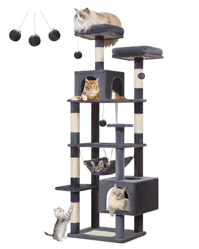 Taoqimiao Cat Tree, 68-Inch Cat Tree Cat Tower for Indoor Cats, Plush Multi-Level Cat Condo with 6 Scratching Posts, 2 Perches, 2 Caves,Hammock, 3 Pompoms,MS020SG Smoky Gray - color: Smoky Gray, size: 68IN