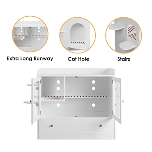 Extra Large Cat Litter Box Enclosure Furniture Hidden, Cat Condo Cabinet Pet House with Stairs for 2, Nightstand Side Table with a Drawer for Living Room, White - color: White