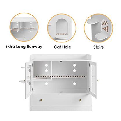 Extra Large Cat Litter Box Enclosure Furniture Hidden, Cat Condo Cabinet Pet House with Stairs for 2, Nightstand Side Table with a Drawer for Living Room, White - color: White