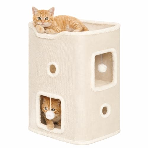 Cat House, Cat Beds for Indoor Cats, 2-Story Cat Condo Cube with Scratch Pad and Fluffy Ball Hanging, Multi-Level Cozy Hideout Center Ideal for Small/Medium Cats - color: White, size: 2-Story