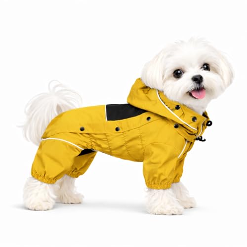LOVELONGLONG Waterproof Dog Raincoat with Removable Hood – Outdoor Full Body Dog Jacket, Windproof Snowproof Shell Suit – All Season Pet Rain Gear Mustard Yellow XS - color: Mustard Yellow, size: XS (Back 10.5")