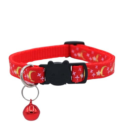 Set of 2: KioKatt Celestial Nylon Cat Collars with Matching Bells – Adjustable Breakaway Safety Collars for Adult Cats, 7–11" (Black + Red) - color: Black + Red