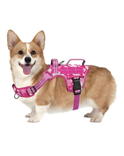 Small Dog Harness, Heavy Duty Tactical No Pull Dog Harness, No Choke, Easy On and Off Pet Vest with Molle System, Adjustable Reflective Dog Vest with Breathable Padded for Walking Hiking Training - color: Pink Camo, size: S(Neck:16-22",Chest:20-28"),18-35
