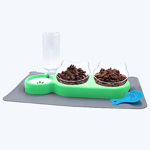 Triple Cat Bowls with Water Dispenser, Pet Whisker Friendly Water and Food Bowl Set with Non-Slip Mat, 15° Tilted Double Feeding Bowls, Elevated Wet and Dry Food Dish for Kitten&Small Dog (Mint) - color: Mint
