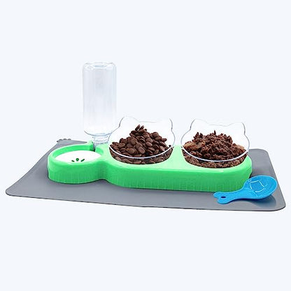 Triple Cat Bowls with Water Dispenser, Pet Whisker Friendly Water and Food Bowl Set with Non-Slip Mat, 15° Tilted Double Feeding Bowls, Elevated Wet and Dry Food Dish for Kitten&Small Dog (Mint) - color: Mint