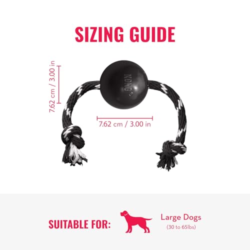 KONG Extreme Ball with Rope - Dog Fetch Toy with Rope for Easy Throwing - Durable Dog Ball Toy for Tug, Playtime & More s Most Durable Natural Rubber - Black - for Large Dogs