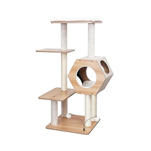 Petpals 44" High 5 Level Minimalist Large Cat Tower with Wooden Condo and Platforms, Natural Sisal Scratching Posts, Playful Toys,for Adult Cats (Beige) - color: Beige and Brown