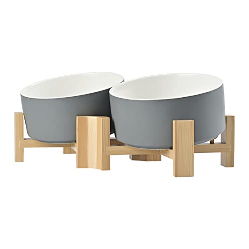 SPUNKYJUNKY 15° Slanted Ceramic Dog Bowl with Elevated Bamboo Stand - Tilted Pet Feeder for French Bulldog No Slip Anti-Vomiting for Cat Medium Dog Flat Face Pets 28.7 OZ (3.6 Cups, White-Grey × 2) - color: White-Grey, size: 3.6 CUPS × 2