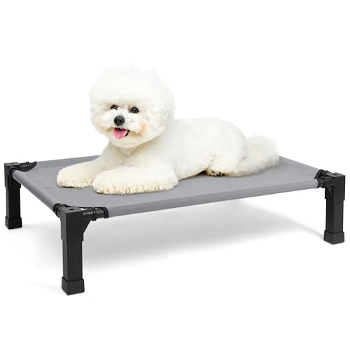 Heeyoo Elevated Dog Bed, Cooling Raised Pet Cot with Chew Proof Washable Breathable Mesh and Metal Frame, Portable Dog Cot Bed with No-Slip Feet for Outdoor or Indoor Use - color: Grey, size: 35"L x 25"W x 7.4"H