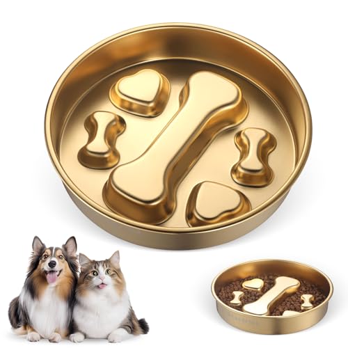 Golden Stainless Steel Slow Feeder Dog Bowls – Non-Slip Metal Dog Bowl for Large & Medium Breeds, Puppy Puzzle Feeder – 2 Cup Capacity for Small to Big Pets – Durable Slow Feed Dog & Cat Food Dish - color: Bone&Heart-Golden
