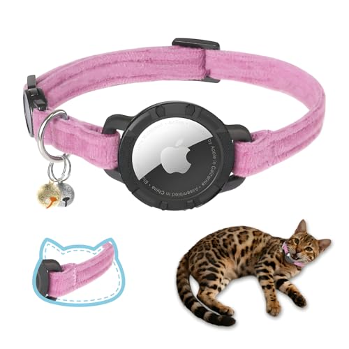 AirTag Cat Collar Breakaway, Double Velvet cat Collar with Apple Air Tag Holder and Bell, Ultra-Durable, Adjustable, Quick Release, Fits Most Girl Boy Small Large Cats (8.5''-12'') Pink - color: Pink