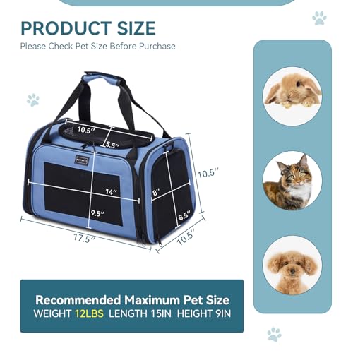 PETSFIT Pet Carrier, Dog Carrier Airline Approved, Collapsible Soft Sided TSA Approved Pet Carrier for Small and Medium Cats, Puppies Up to 12 Lbs, Cat Travel Carrier, Blue - color: Blue, size: Medium