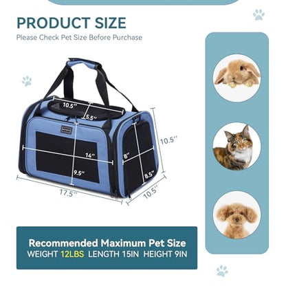PETSFIT Pet Carrier, Dog Carrier Airline Approved, Collapsible Soft Sided TSA Approved Pet Carrier for Small and Medium Cats, Puppies Up to 12 Lbs, Cat Travel Carrier, Blue - color: Blue, size: Medium