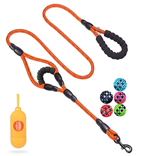 JSXD Heavy Duty Double Handle Dog Leash - 5 FT with Comfortable Padded & Reflective Rope for Small, Medium, Large Dogs (Rope-Orange) - color: Rope-Orange
