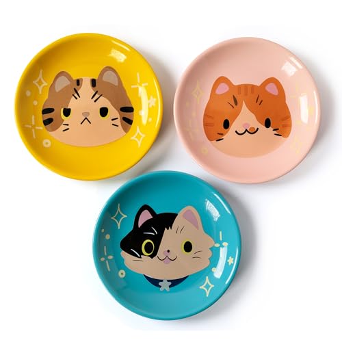 Ceramic Shallow Cat Dish 6 inch, Whisker Fatigue Free Cat Food Bowls, Wide and Small Pet Plate for Kitten and Kitty, Cat Design Gift for Cat Lovers - color: Cat Design A