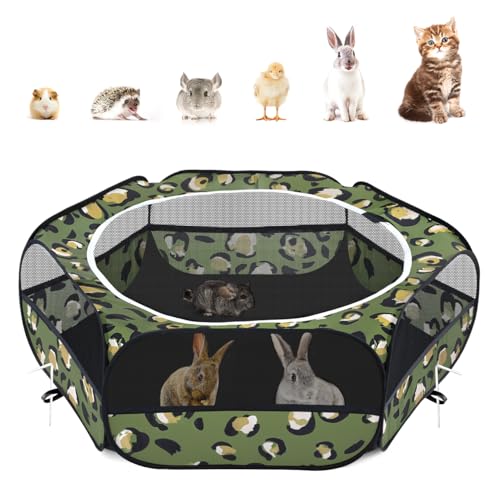 Pawaboo Small Animals Playpen, Waterproof Small Pet Cage Tent with Zippered Cover, Portable Outdoor Yard Fence with 3 Metal Rod for Chick/Kitten/Puppy/Guinea Pig/Rabbits/Hamster, Leopard Print - color: T-Leopard Print