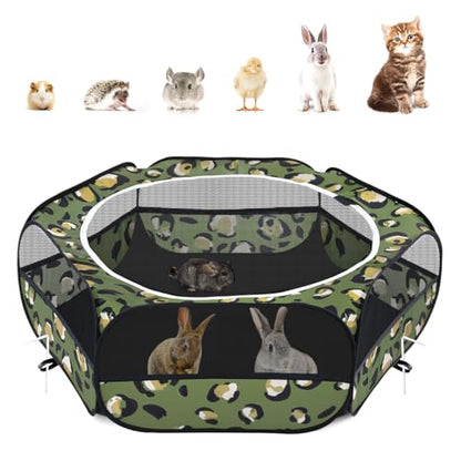 Pawaboo Small Animals Playpen, Waterproof Small Pet Cage Tent with Zippered Cover, Portable Outdoor Yard Fence with 3 Metal Rod for Chick/Kitten/Puppy/Guinea Pig/Rabbits/Hamster, Leopard Print - color: T-Leopard Print
