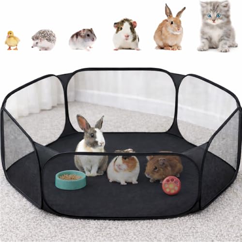 Amakunft Small Animal Playpen, Pop-Up Portable Play Yard for Guinea Pigs, Rabbits, Hamsters, Hedgehogs, Foldable Exercise Fence with Breathable Mesh for Indoor Outdoor Use - color: Black