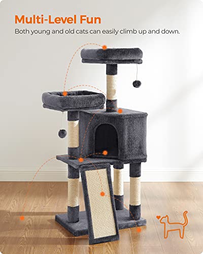 Feandrea Cat Tree, 45.3-Inch Cat Tower, Plush Condo with Scratching Post, Ramp, Perch, Spacious Cave, for Small Space, Smoky Gray UPCT141G01 - color: Smoky Gray