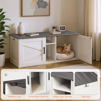 HOOBRO Double Litter Box Enclosure, Modern Cat Litter Box Furniture with Storage and Mat Design, Farmhouse Hidden Litter Box Enclosure with 2 Hooks, White and Charcoal Gray BW23MW01 - color: White + Charcoal Gray