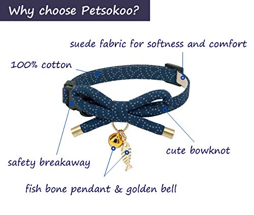 Cute Bowtie Cat Collar with Bell. Japanese Stylish Bowknot & Fish Charm. Safety Breakaway, Soft, Lightweight, for Girl Boy Male Female Cats Kitten,Navy Blue - color: Navy Blue, size: Medium (8-12 inches)