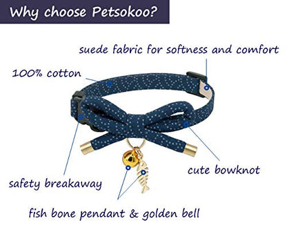 Cute Bowtie Cat Collar with Bell. Japanese Stylish Bowknot & Fish Charm. Safety Breakaway, Soft, Lightweight, for Girl Boy Male Female Cats Kitten,Navy Blue - color: Navy Blue, size: Medium (8-12 inches)