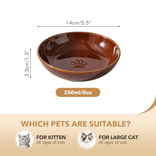 Havniva Ceramic Cat Bowl Whisker Friendly 5.5” Cat Dishes Shallow Cat Food Bowl Anti-Slip Pet Water Bowls for Indoor Cats, Wide Cat Food Dish Prevent Whisker Fatigue (3 Pack) - color: Caramel Brown - B