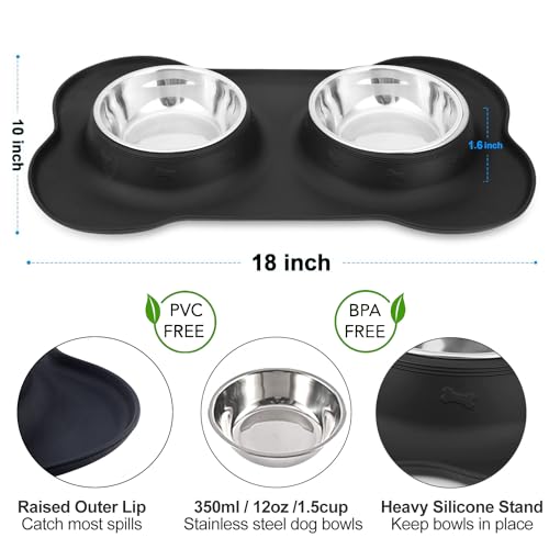 Dog Food Bowls Stainless Steel & Water Dish with No-Spill and Non-Skid, Feeder Bowls with Dog Food Dish for Small Medium Large Size,Dogs,Cats,Puppy Pets, Black, 12oz - color: Black, size: 1½ Cup/12 oz each