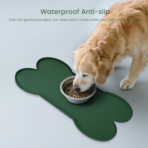 PWTAA Dog Food Mat Anti-Slip Silicone Dog Bowl Mat Thicker Pet Placemat Waterproof Cat Feeder Pad with Raised Edge Puppy Kitten Feeding Mats Suitable Small Medium-Sized Dogs Cats Eating Tray - color: Hunter Green, size: 19.4" x 9.8"