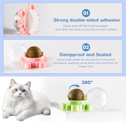4 Packs Catnip Ball for Cats, Lickable Cat Toys Wall Mount with 360° Rolling & Spinning, Organic Cat Nip Chew Toys for Teeth Cleaning, Mint Magic Catnip Ball Toy for Indoor Cats