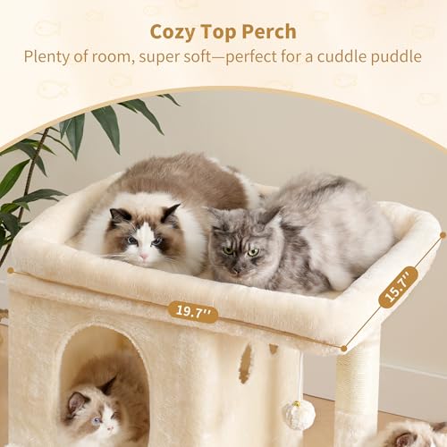 Heybly Cat Tree, 25.6-inch Cat Tower with Spacious Top Perch for Large Cats, Stair-Style Cat House Furniture with Dual-Layer Condos, Sisal Scratching Posts, Cozy Basket & Pompom, Beige HCT204SM - color: Beige, size: 25.6 inch