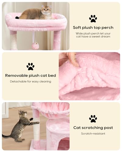 SYANDLVY Small Cat Tree for Indoor Cats, Cat Tower with Scratching Post, Modern Cat House with Padded Perch, Kittens Condo with Cradle, Cat Cave, Pink - color: Pink