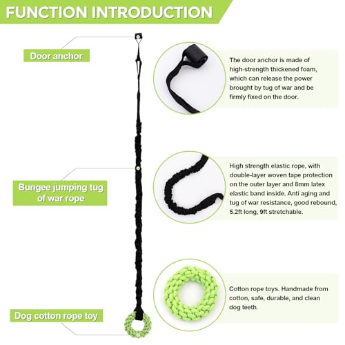 Dog Rope Toys Set with Door Anchor, Interactive Bungee Tug Toy for Indoor and Outdoor Play, Black and Green