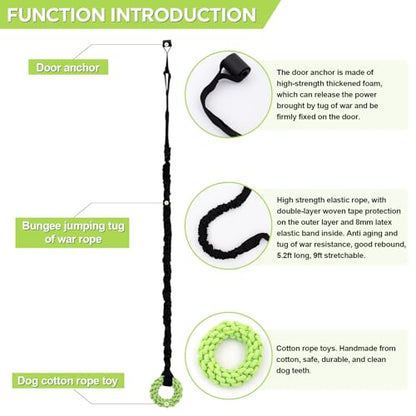 Dog Rope Toys Set with Door Anchor, Interactive Bungee Tug Toy for Indoor and Outdoor Play, Black and Green