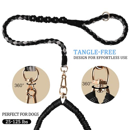 Double Dog Leash – Tangle-Free Dual Leash with 360° Swivel, Shock Absorbing Bungee, Reflective Stitching & Hand-Braided Main Rope (Supports Up to 440 lbs, Black) - color: Black