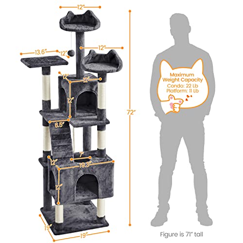 Yaheetech 72-inch Cat Tree, Multi-Level Cat Tower with 2 Condos & 6 Scratching Posts, 3 Perches & Detachable Toy Ball, Pet Furniture Play House for Kittens/Cats, Dark Gray - color: Dark Gray
