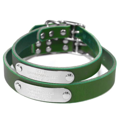 Handmade Personalized Bridle Leather Dog Collar, Engraved Stainless Steel Nameplate (Emerald Green) - color: Emerald Green