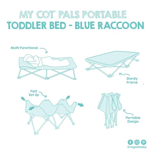 Regalo My Cot Pals Small Single Portable Toddler Bed, Raccoon, Blue, 48x24.5x9 Inch (Pack of 1) - color: Extra Long Blue