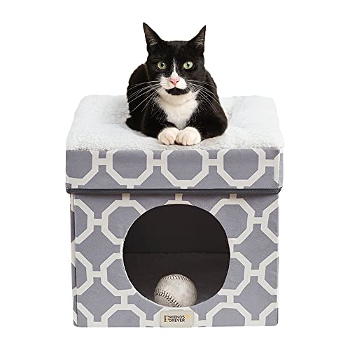 Friends Forever Taylor Upholstered Indoor Cat Bed, Collapsible Pet Cube Home, Kitten House With Sherpa Padding, Non Skid Base, Travel Friendly Foldable Ottoman Condo, Pop Up Tent Cave - Grey / Ivory