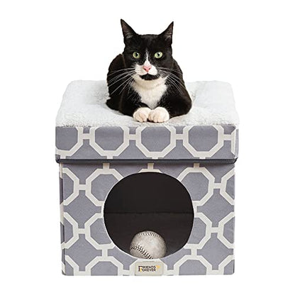 Friends Forever Taylor Upholstered Indoor Cat Bed, Collapsible Pet Cube Home, Kitten House With Sherpa Padding, Non Skid Base, Travel Friendly Foldable Ottoman Condo, Pop Up Tent Cave - Grey / Ivory