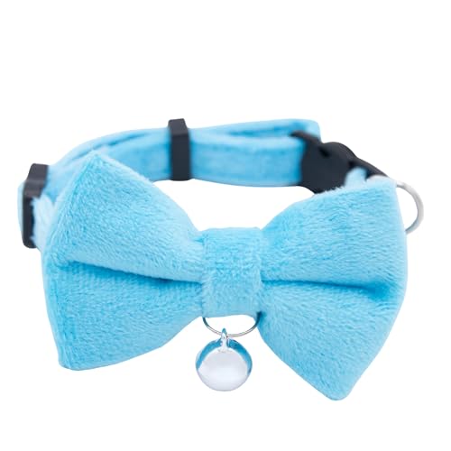 Velvet Bowtie Cat Collar with Bell – Adjustable Breakaway Blue Bow Cat Collar for Adult Cats (7–11") - color: Blue