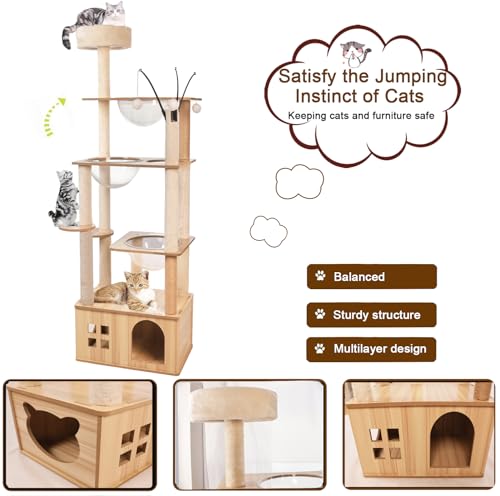 66.8'' Wooden cat Tree with cat Condo, Cat Stairs Scratching Posts, 3 Bowl,Toys,Sisal Scratching Posts and Top Perch.Cat Tree for Large Cats.