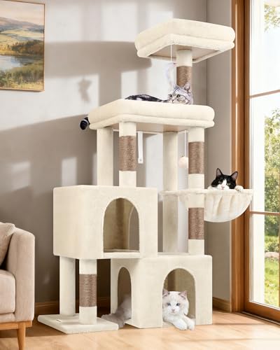 Globlazer Cat Tree Condo Tower for Multiple Indoor Cats, 52in Multi-Level Cat Scratching Tree with Cat Condos, 5 Sisal Scratching Posts, 2 Padded Perches, Big Haging Basket, Widened Base, S52, Beige - color: Beige