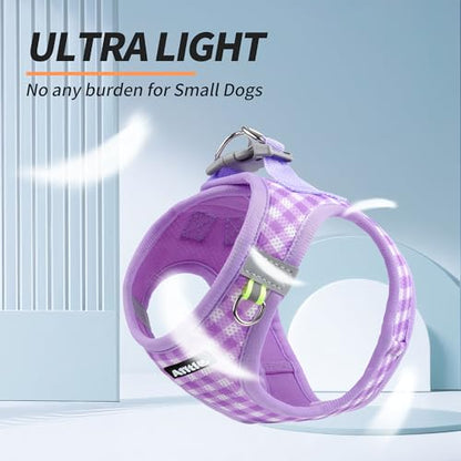 AIITLE Adjustable Dog Vest Harness Set – No-Pull Design, Plaid Print & Reflective Safety– Fits Poodles, Shih Tzus & Medium-Sized Dogs up to 38lbs (M, Purple) - color: Purple, size: M