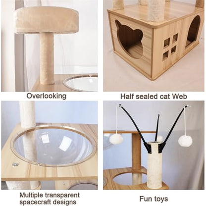 66.8'' Wooden cat Tree with cat Condo, Cat Stairs Scratching Posts, 3 Bowl,Toys,Sisal Scratching Posts and Top Perch.Cat Tree for Large Cats.