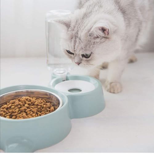 Double Dog Cat Bowls, Pets Water and Food Bowl Set with Detachable Stainless Steel Bowl, Automatic Water Dispenser Bottle No-Spill Pet Feeder for Cats Puppy and Small Dogs (Blue) - color: Blue