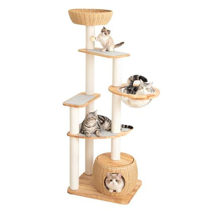 Wood Cat Tree for Large Cat, 63-Inch Tall Cat Tower with Scratching Post for Indoor Cats, Multi-Level Cat Condo with Hand-Woven Cat Bed and Acrylic Bowl Easy to Clean (White 81007s) - color: Nature 81007