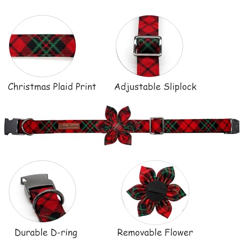Dog Collar, Christmas Pet Collar with Flower Holiday Girl Boy Puppy Collar Adjustable for X-Small Dogs - color: Christmas PlaidⅡ, size: X-Small (Pack of 1)